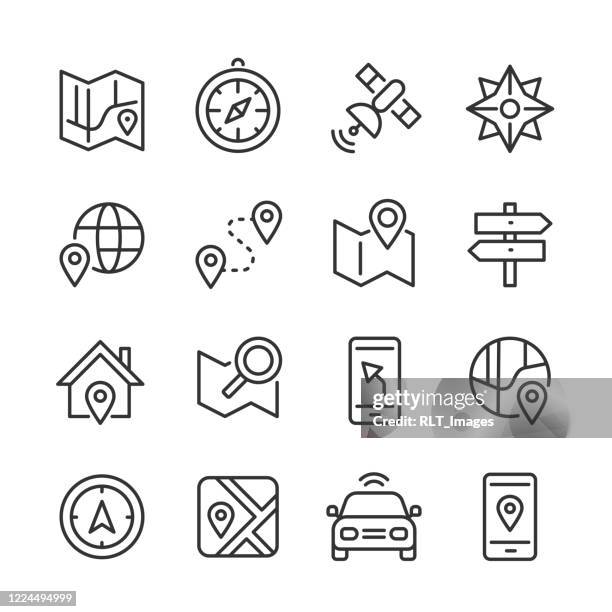 ilustraciones, imágenes clip art, dibujos animados e iconos de stock de iconos de navegación — serie monolínea - mapa-de-carreteras