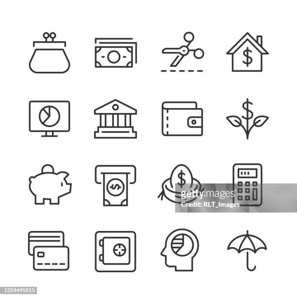 persönliche finanzsymbole — monoline-serie - dollar symbol stock-grafiken, -clipart, -cartoons und -symbole