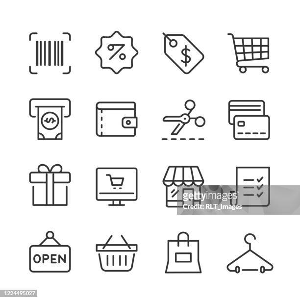 illustrazioni stock, clip art, cartoni animati e icone di tendenza di shopping & retail icons — serie monoline - consumismo