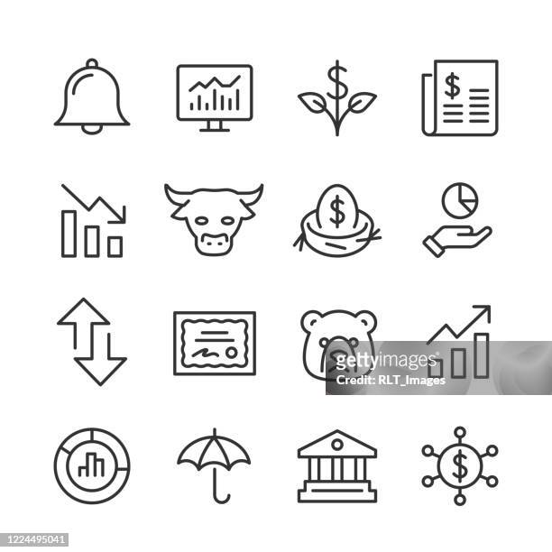 ilustraciones, imágenes clip art, dibujos animados e iconos de stock de iconos del mercado de valores — serie monoline - stock certificate