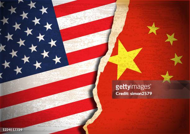 conflict concept of usa and china flag - china stock illustrations
