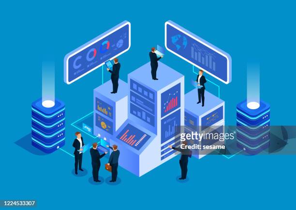 isometric business big data management service and data analysis concept - développement stock illustrations