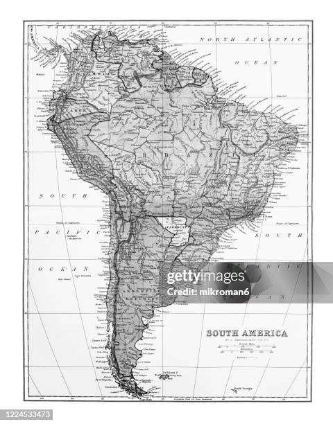 old map of south america continent, published 1894. - ecuador map stock pictures, royalty-free photos & images