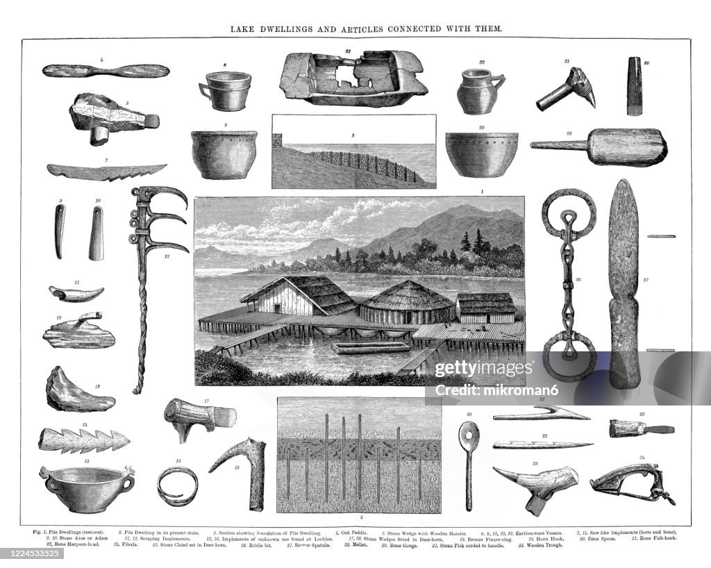 Old engraved illustration of Lake Dwellings and articles connected with them, Lake dwellings and associated artefacts from Lake Zurich Switzerland