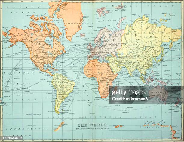 old map of the world map, published 1894. - world map stock-fotos und bilder