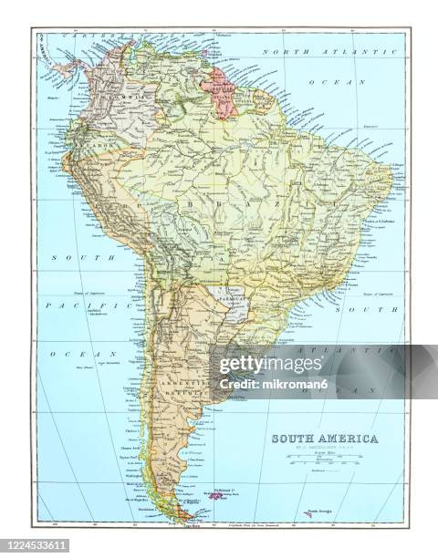old map of south america continent, published 1894. - sydamerika bildbanksfoton och bilder