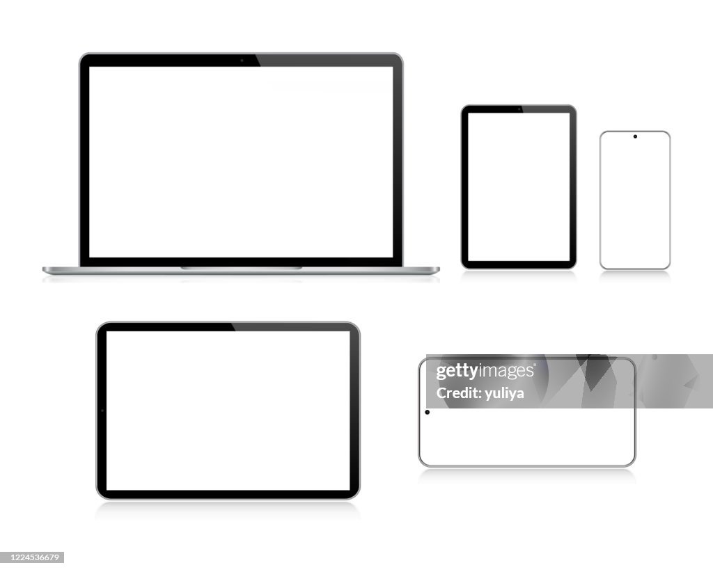 Laptop, tablet, smartphone, celular nas cores preto e prata com reflexão, ilustração vetorial realista