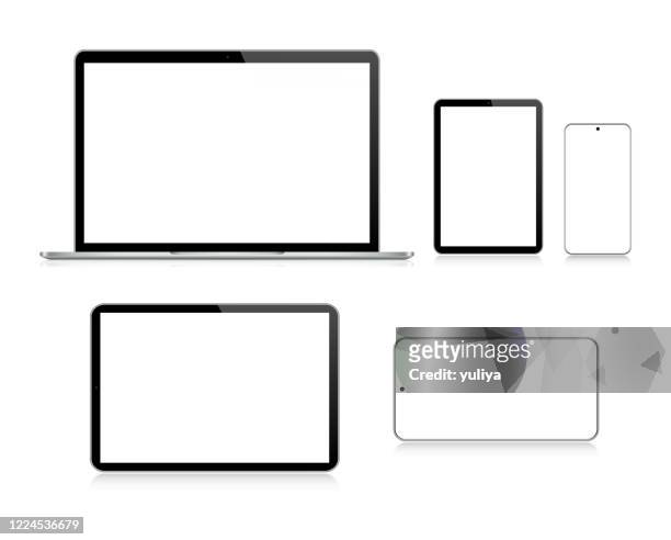 laptop, tablet, smartphone, mobile phone in black and silver color with reflection, realistic vector illustration - digital tablet stock illustrations