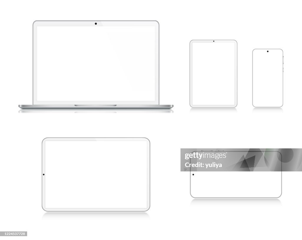 Laptop, Tablet, Smartphone, Handy In Silber Farbe mit Reflexion, realistische Vektor-Illustration