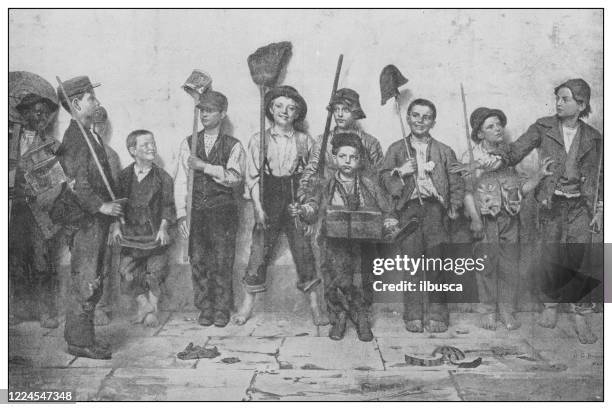 antikes berühmtes gemälde aus dem 19. jahrhundert: auf kleiderparade von j g brown - kinderarbeit stock-grafiken, -clipart, -cartoons und -symbole