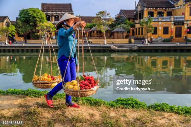 vietnamese vrouw die tropisch fruit, oude stad in hoi een stad, vietnam verkoopt - hoi an stockfoto's en -beelden