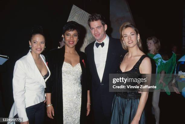 American actress and dancer Debbie Allen and her sister, American actress Phylicia Rashad, with American singer and actor Harry Connick Jr and his...