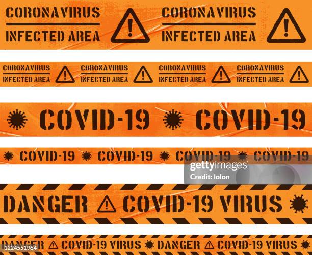 stockillustraties, clipart, cartoons en iconen met betegelbare covid-19 oranje cordon tape set met coronavirus pictogram op wit - afzetlint