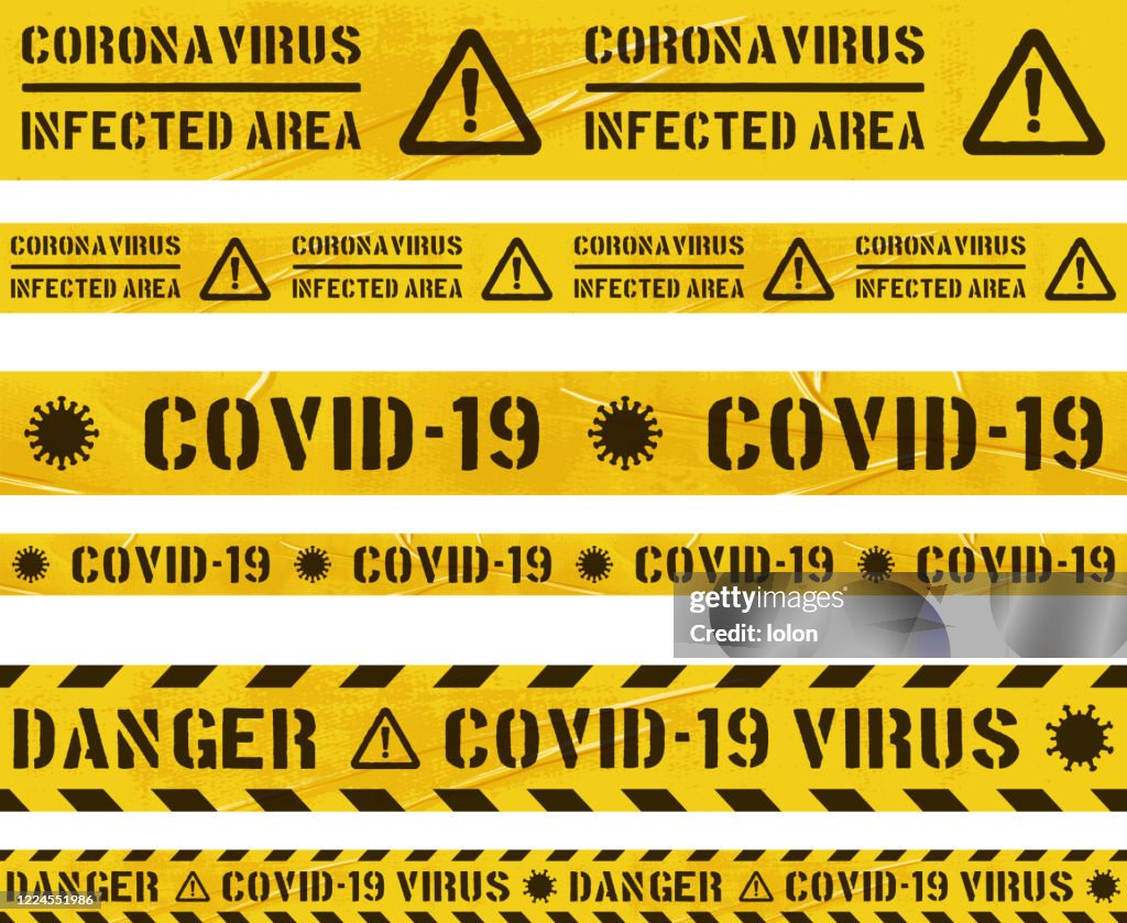 Tileable yellow Covid-19 cordon tape set with coronavirus icon on white