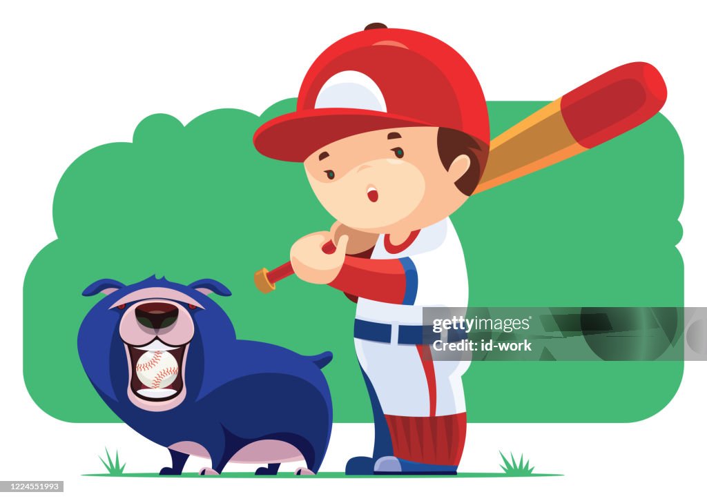 Kid playing baseball with dog