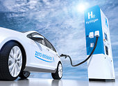 hydrogen logo on gas stations fuel dispenser. h2 combustion engine for emission free ecofriendly transport
