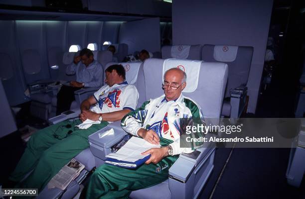 Arrigo Sacchi head coach of Italy during the airplane trip for the World cup USA 1994.