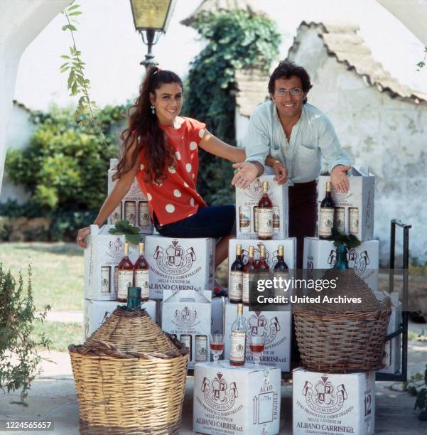 Italian American singer and actress Romina Power with husband Al Bano Carrisi present their own wine ALBANO CARRISI, Italy mid 1980s.