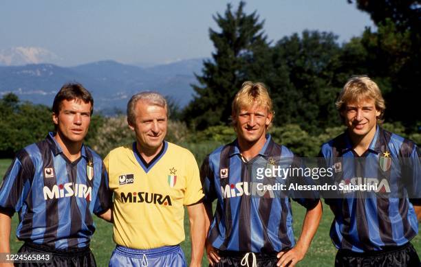 Lotar Matthaus, Giovanni Trapattoni head coach, Andreas Brehme and Jurgen Klinsmann of FC Internazionale pose for photo during the Serie A 1989-90,...