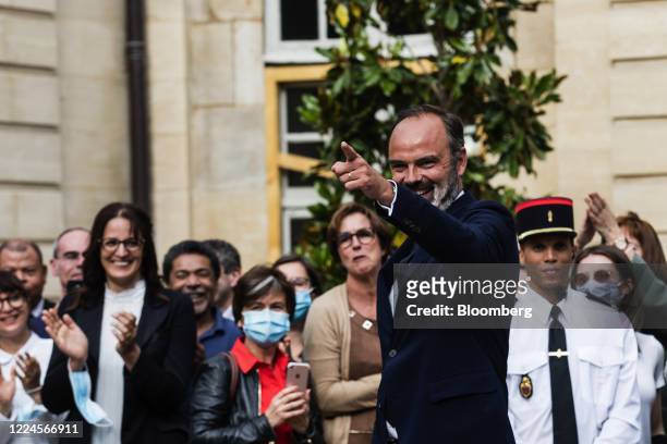 Edouard Philippe, France's former prime minister, gestures during a handover ceremony at the Hotel de Matignon, the official residence of the French...
