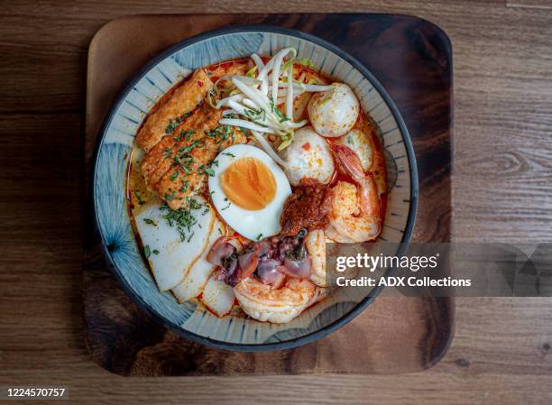 a bowl of laksa noodle- series - laksa imagens e fotografias de stock