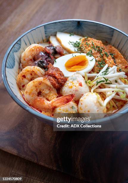 a bowl of laksa noodle- series - laksa imagens e fotografias de stock