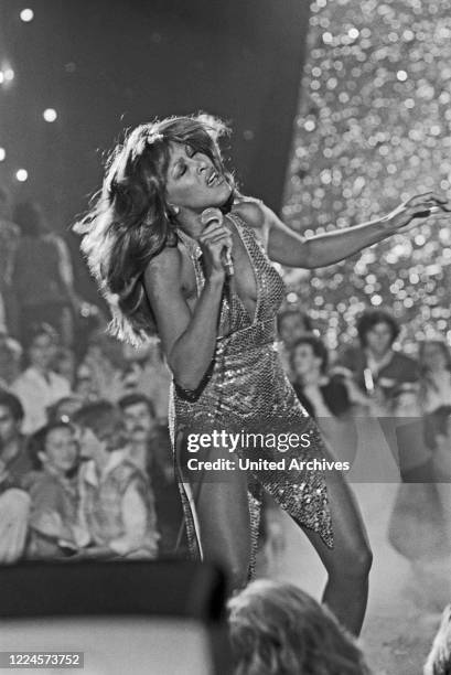 American singer and actress Tina Turner performing in a show on German TV at Hamburg, Germany, 1982.