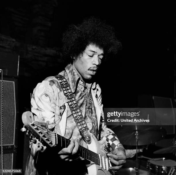 American guitarist, composer and singer Jimi Hendrix doing the soundcheck before performing at Saville Theatre in London, United Kingdom 1967.