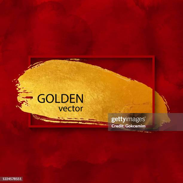 ilustrações de stock, clip art, desenhos animados e ícones de red frame with golden brush stroke on watercolor red bckground. gold shiny grunge texture. gold foil brush stroke clip art. gold paint blot isolated. metallic golden texture design element for greeting cards and labels, abstract background. - rose gold