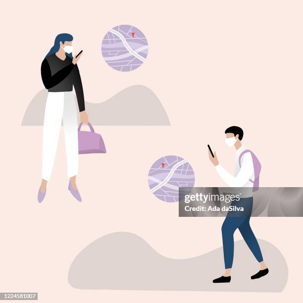 two young people using a navigation app and wearing medical face mask. - human interest stock illustrations