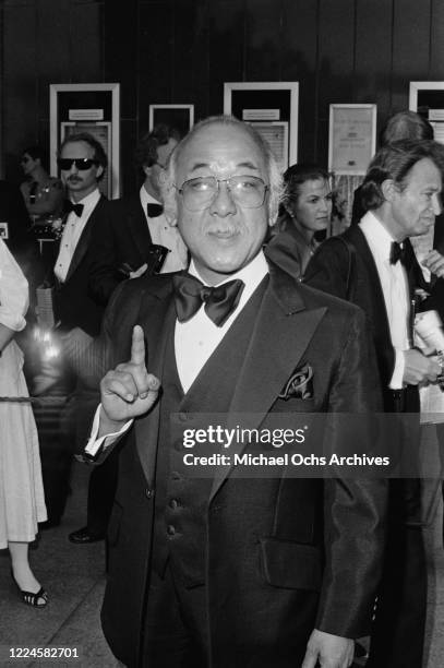 American actor Pat Morita attends the 57th Academy Awards at the Dorothy Chandler Pavilion in Los Angeles, 25th March 1985. He is nominated in the...