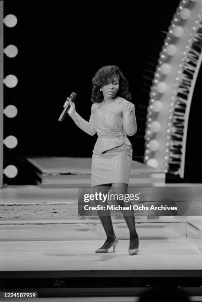 American singer Stephanie Mills performs at the 1985 Black Gold Awards at the Cocoanut Grove, Ambassador Hotel, Los Angeles, 1985.