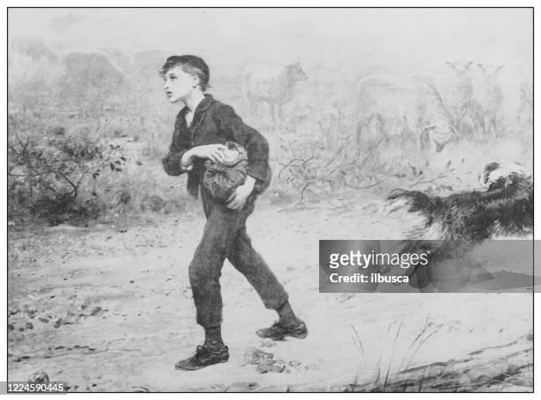 antikes berühmtes gemälde aus dem 19. jahrhundert: oliver twist "er geht nach london" von james sant - young boy shepherd stock-grafiken, -clipart, -cartoons und -symbole