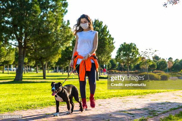 frauen gehen mit ihrem hund im park - frauen hund park stock-fotos und bilder