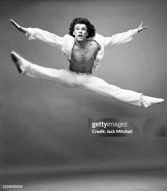 View of principal dancer Patrick Dupond, of the Paris Opera Ballet, in midair, May 1984.