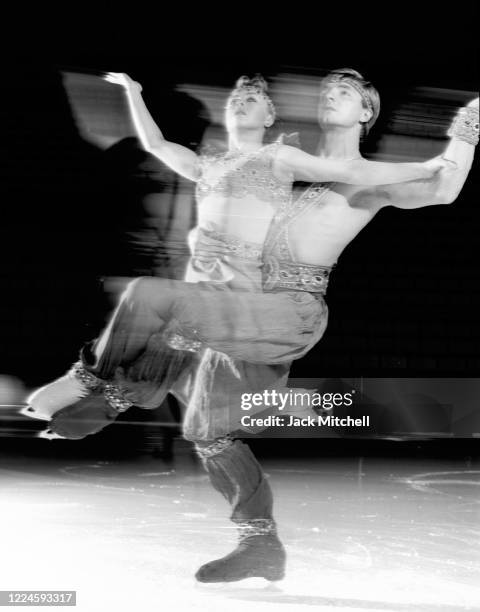 Portrait of English figure skating duo Jayne Torvill and Christopher Dean as they perform on ice, November 1986. The pair were the 1984 Olympic gold...