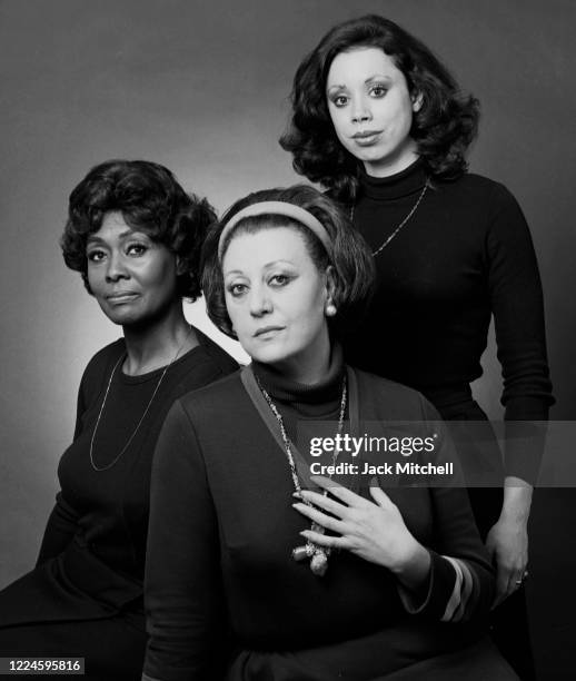 Portrait of Opera singers Shirley Verrett, Regine Crespin, and Maria Ewing from a production of 'Dialogues of the Carmelites,' January 1977.