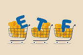 ETF, Exchange Traded Funds realtime mutual funds that tracking investment index trading in stock market concept, shopping carts or trolley full of Dollar money coins with alphabet combine the word ETF