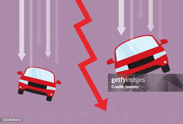 auto und roter pfeil gehen nach unten - autohändler stock-grafiken, -clipart, -cartoons und -symbole