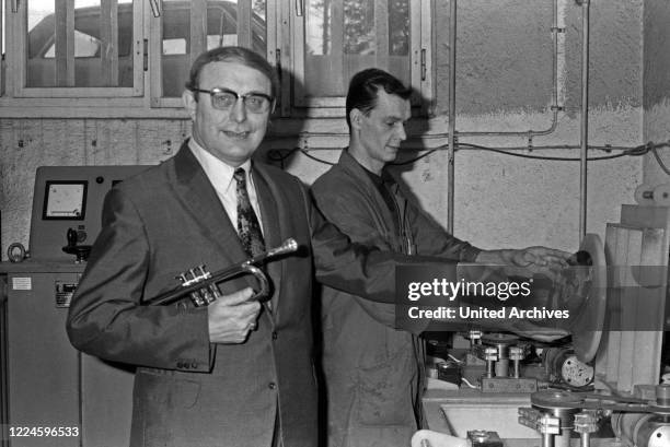 Band leader and trumpeter Pablo Cortez at the record disc factory, Germany, 1960s.