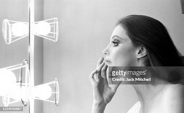 View of dancer Suzanne Farrell, of the New York City Ballet, backstage prior to a performance, July 1, 1979.