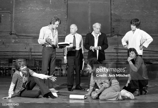 View of Barbara Harris, Hal Holbrook , director Harold Clurman , and other cast members during early rehearsals for a production of 'Creation of the...