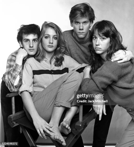 Portrait of the cast of the Off-Broadway play 'Album,' from left, actors Keith Gordon, Jenny Wright, Kevin Bacon, and Jan Leslie Harding, New York,...