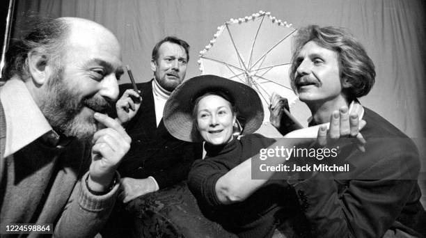 View of director Frank Dunlop and actors Denholm Elliot, Blythe Danner, and Rene Auberjonois during rehearsals for the Brooklyn Academy of Music...