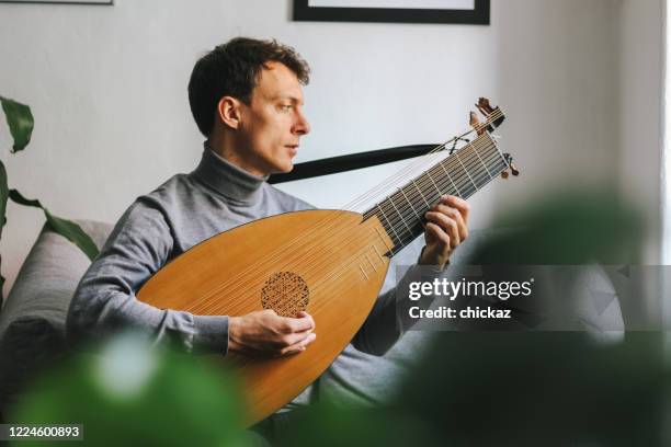 young man playing lute at home - lute stock pictures, royalty-free photos & images