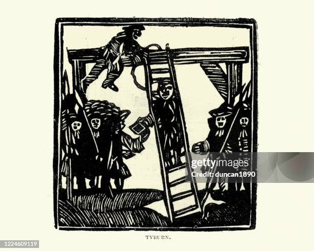 stockillustraties, clipart, cartoons en iconen met crimineel wordt opgehangen in tyburn galg, 18e eeuw - hanging gallows