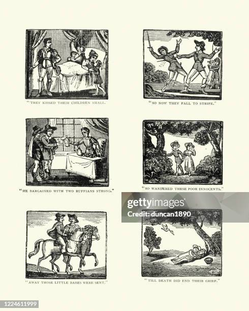 woodcut engravings from the story babes in the wood - child abuse stock illustrations