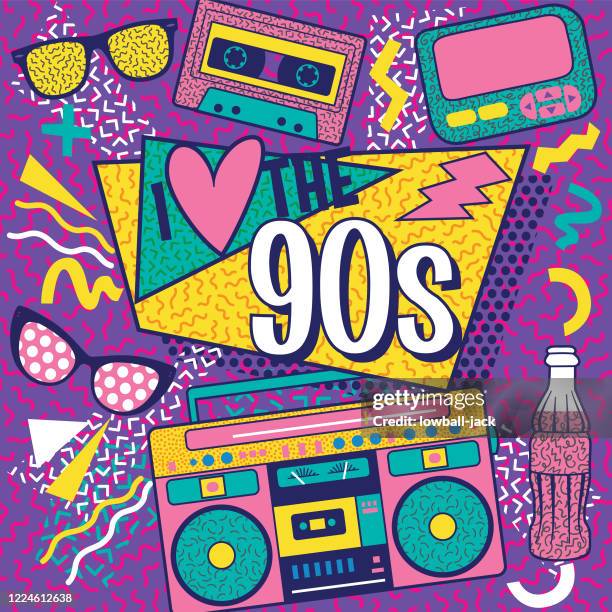 a colourful retro i love the 90s poster design - boom box stock illustrations