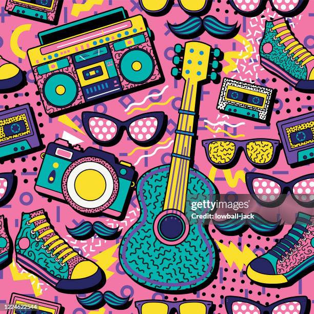 stockillustraties, clipart, cartoons en iconen met een kleurrijk retro afficheontwerp met een boomdoos, gitaar, camera, trainers en zonnebril op een levendige geometrische achtergrond, ontwerp, vectorillustratie - pop art background