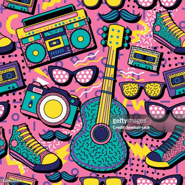 a colourful retro poster design with a boom box, guitar, camera, trainers and sunglasses on a vivid geometric background,  design, vector illustration - 80s patterns stock illustrations